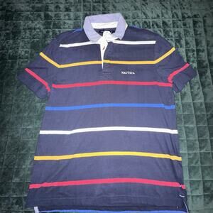 Nautica Men's L Polo Shirt 100% Cotton Striped Navy Multi-Color Size Medium NWT